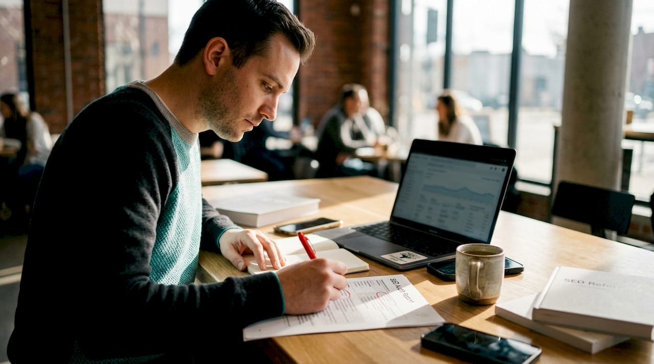 Person reviewing product page SEO reports at desk
