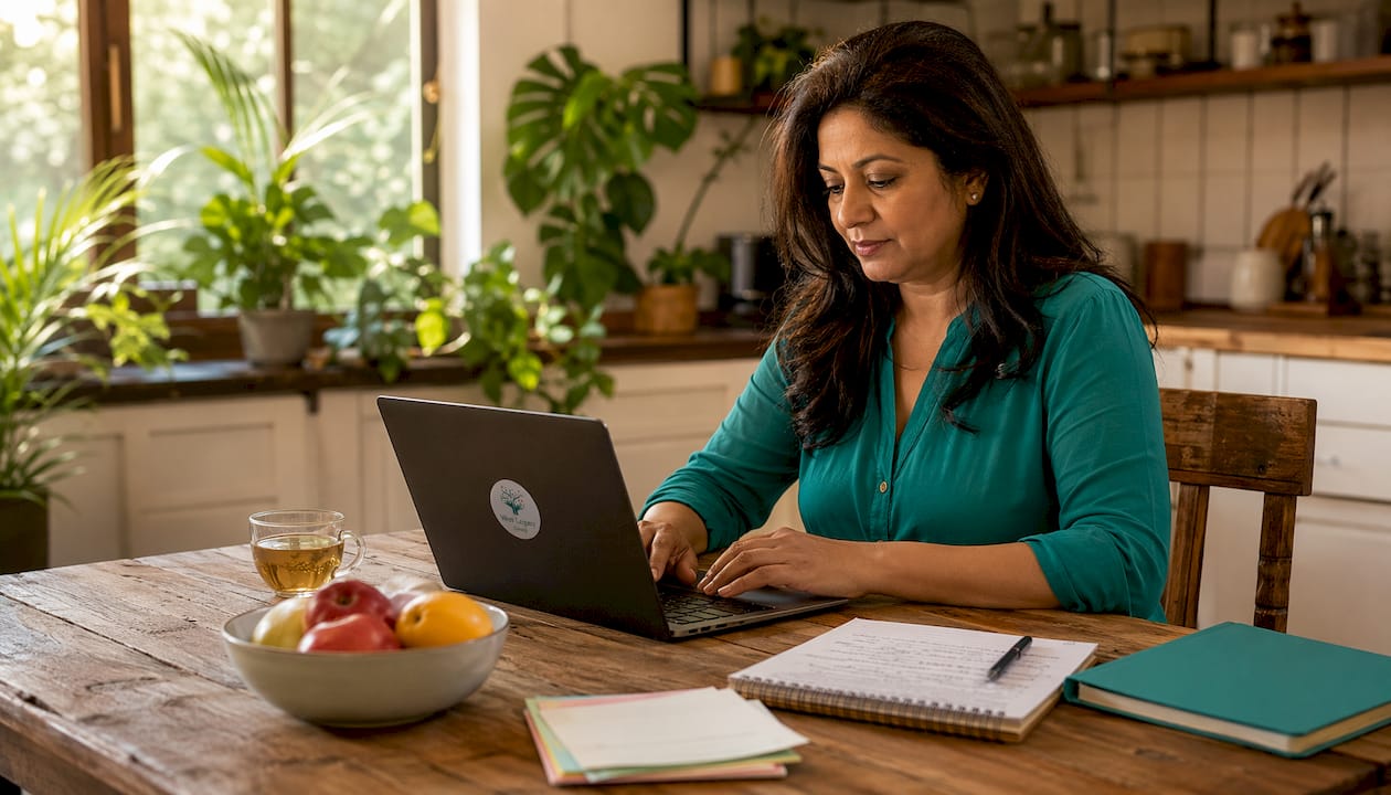 1784637664427_Woman-preparing-local-newsletter-at-home-desk Woman preparing local newsletter at home desk