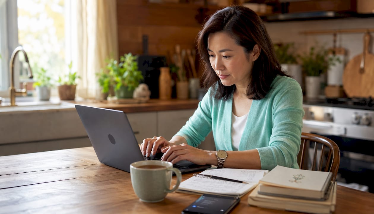 Woman responding to online reviews at home office