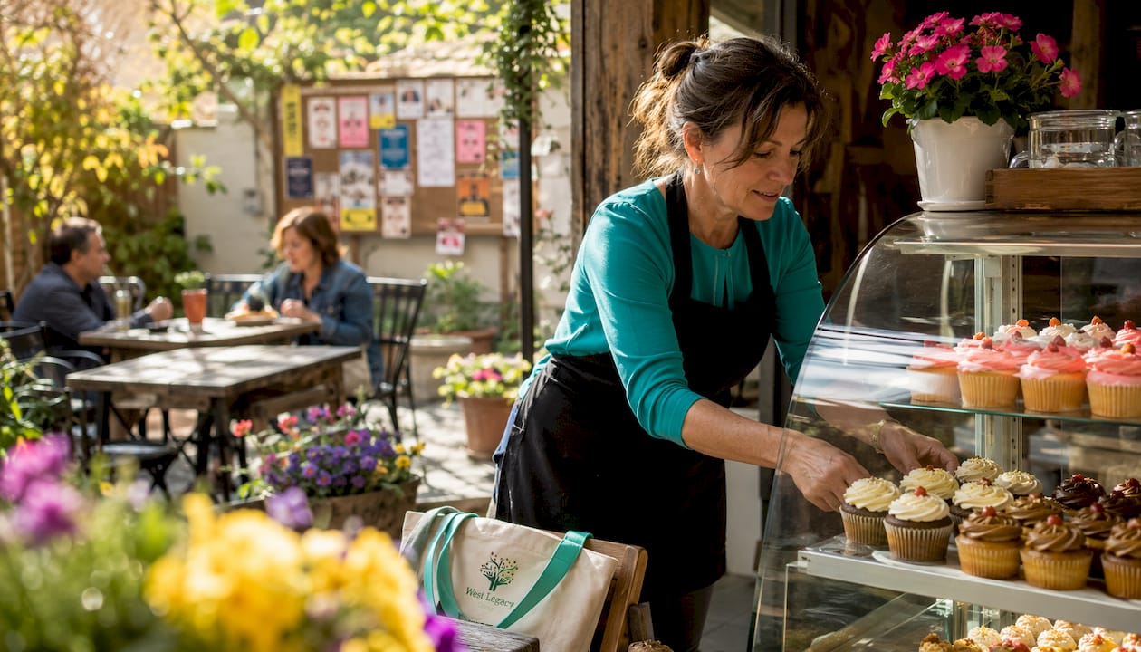 Local bakery owner arranging baked goods