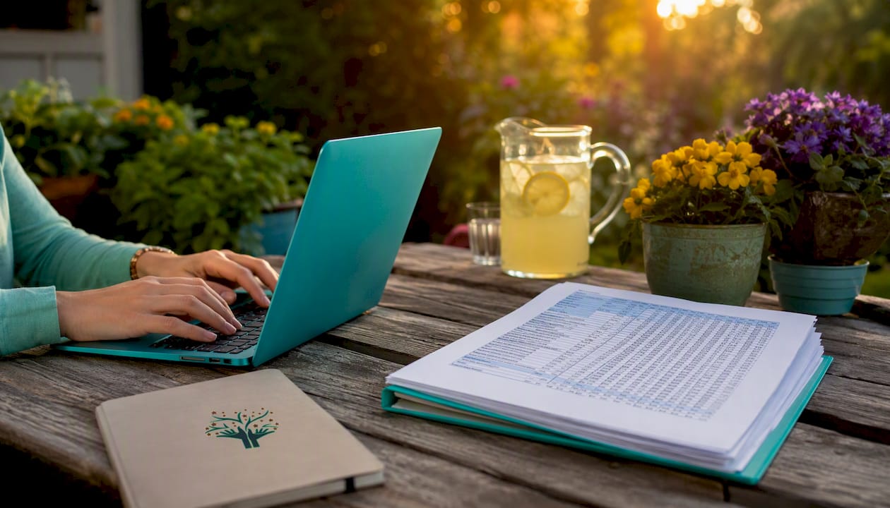 Close-up of hands typing with product feed document