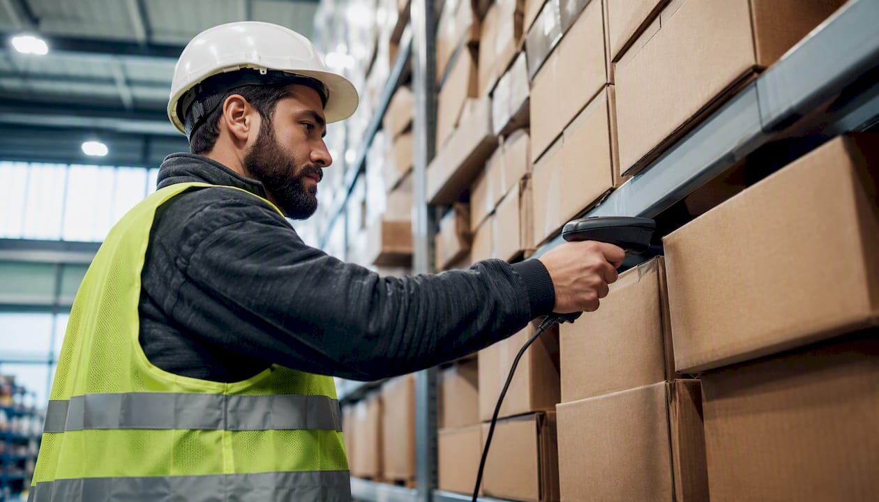 Warehouse worker scanning inventory in fulfillment centre