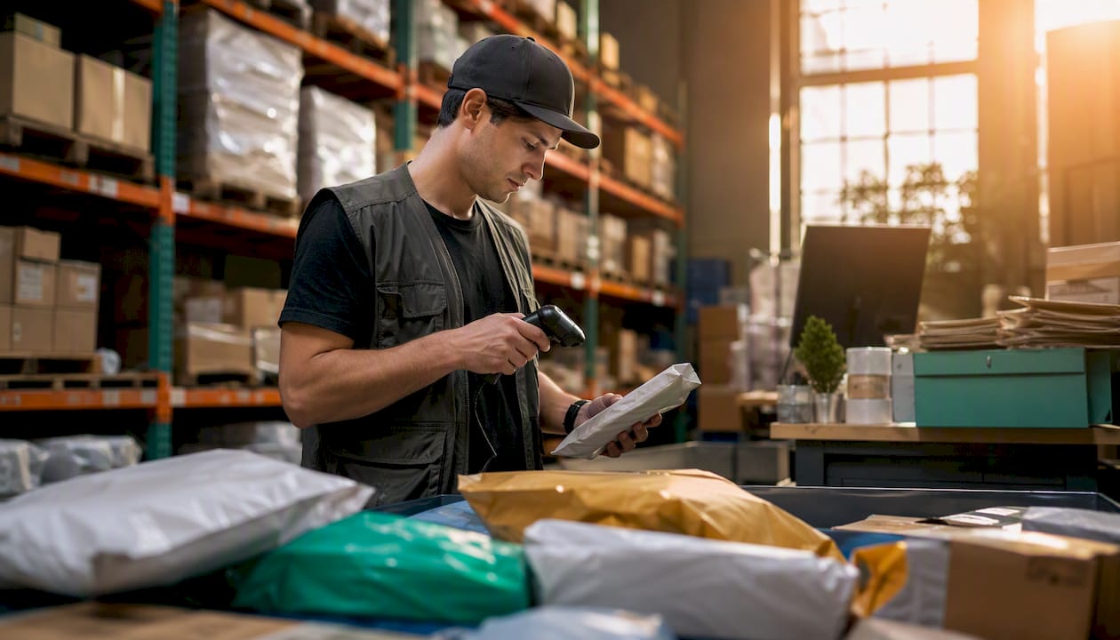 Warehouse worker scanning returned package