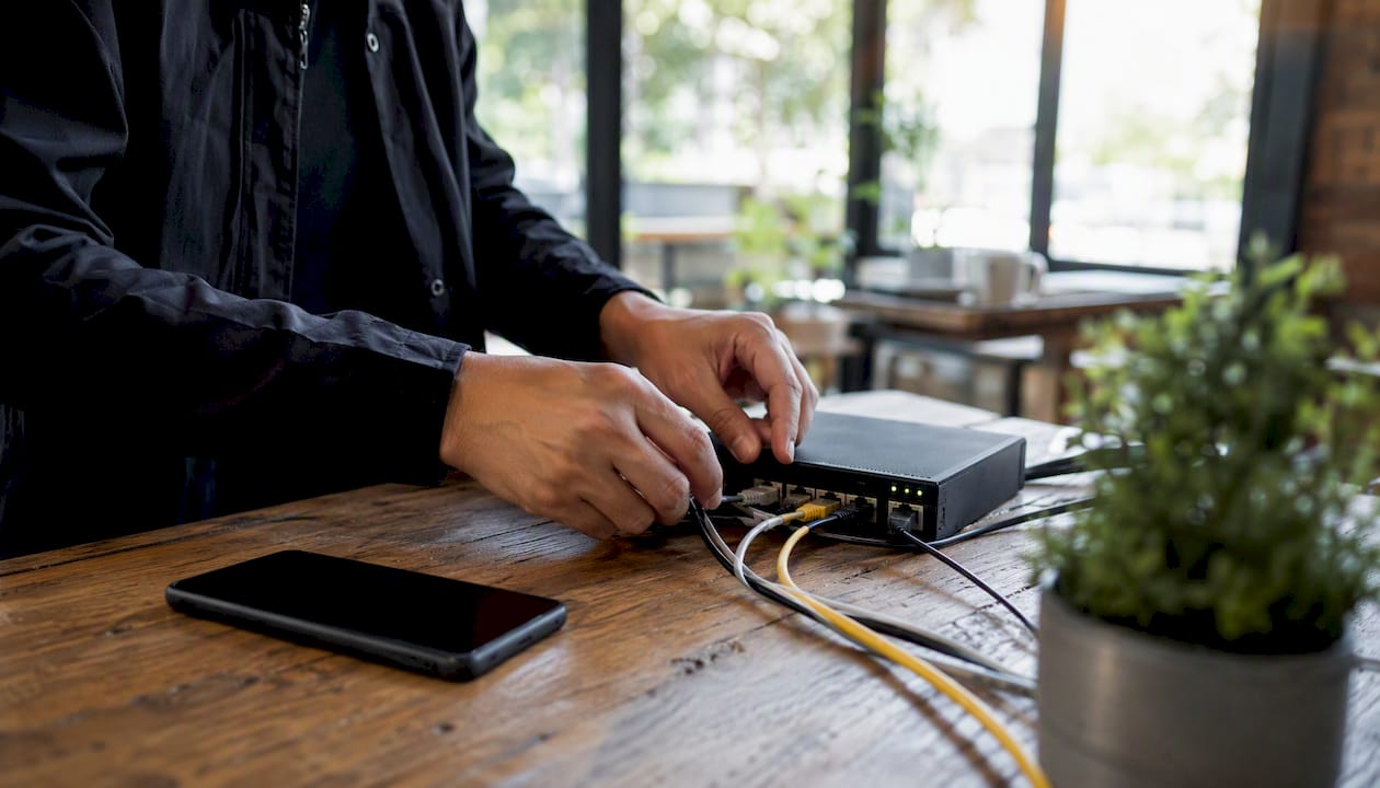 1785991776817_Hands-adjusting-router-cables-with-smartphone-nearby Hands adjusting router cables with smartphone nearby