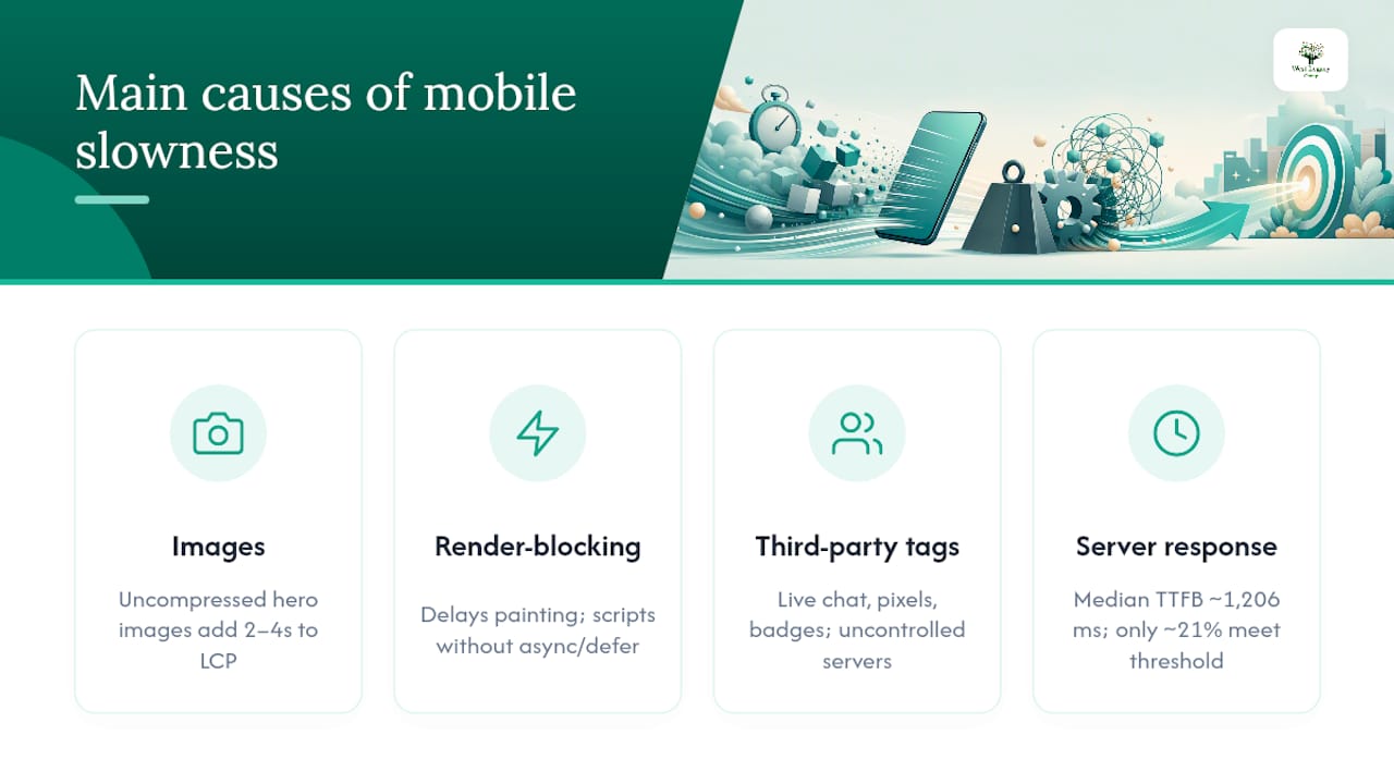Diagram of causes of slow mobile pages affecting performance metrics