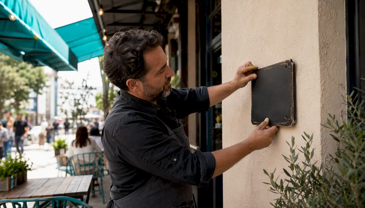 Hands fixing business address plaque on storefront