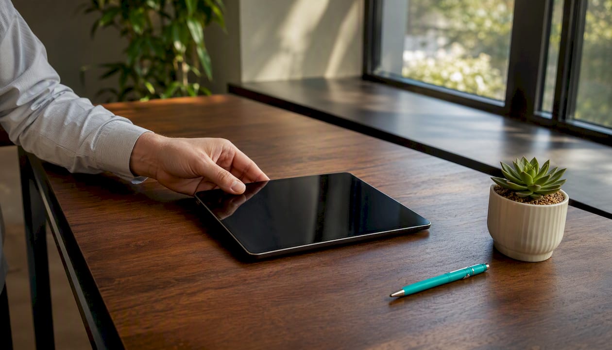 1786351398523_Hand-placing-tablet-on-wooden-counter Hand placing tablet on wooden counter