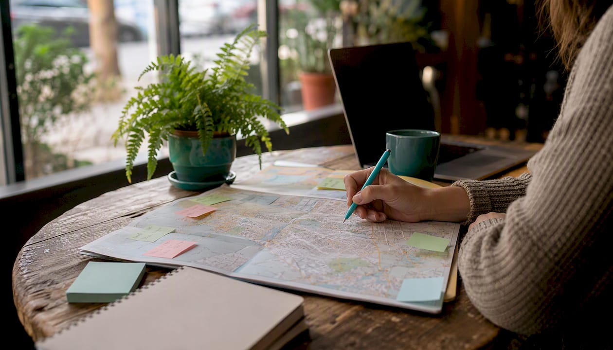 Local service area map and pricing notes on desk