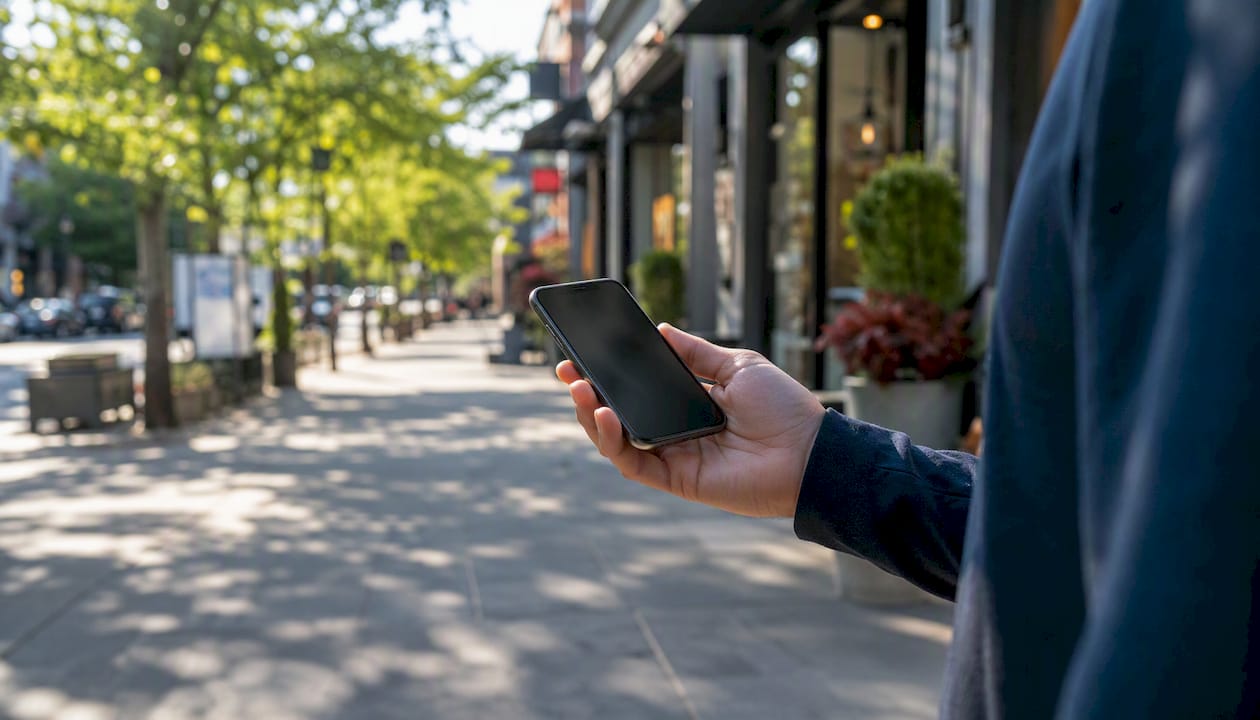 Hand holding smartphone outdoors near local business