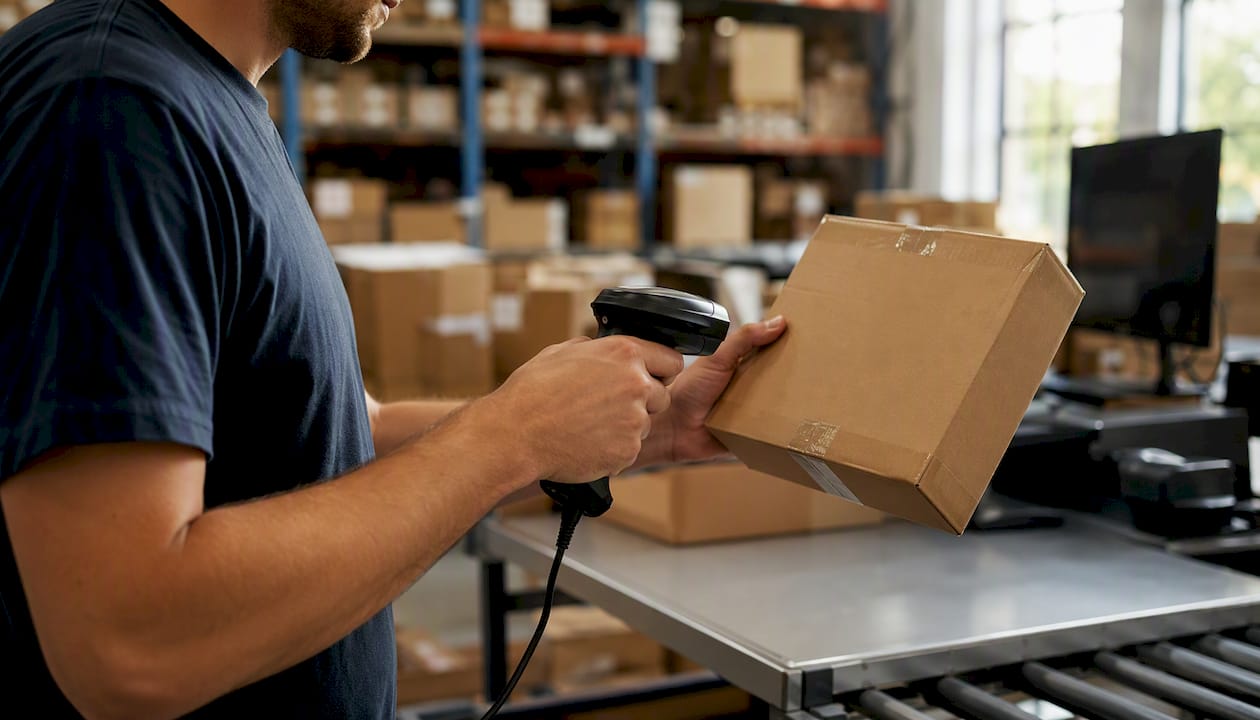 Warehouse worker scanning parcel barcode