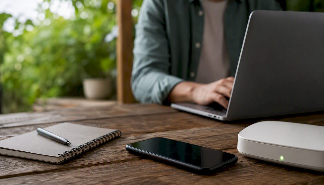 Desk with smartphone off and router light glowing
