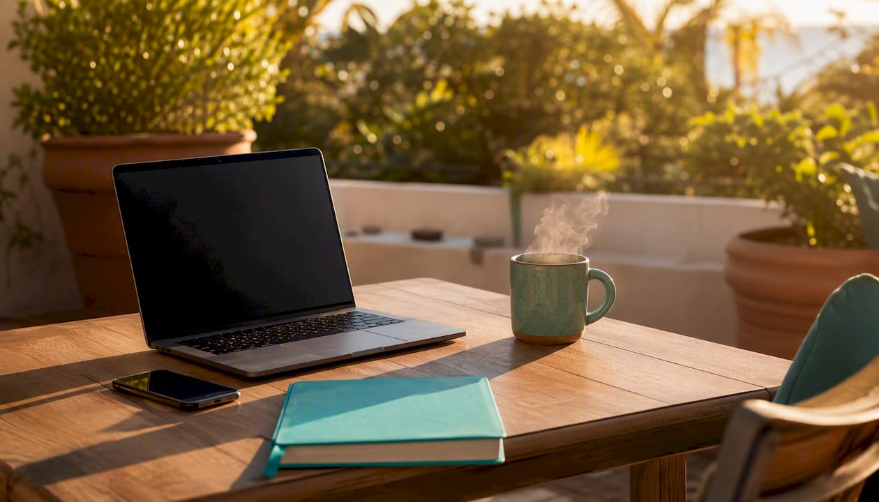 Desk with devices off and tea cup reflecting graph