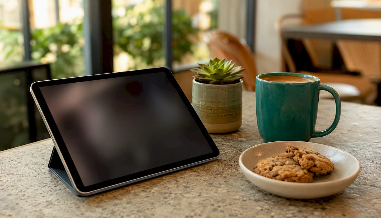 Workspace with device and accessories blurred