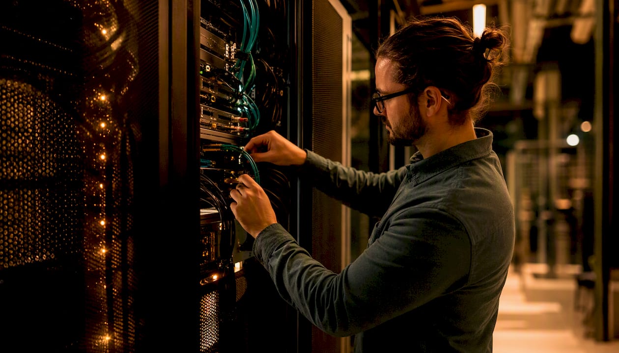 Hands managing cables in server room