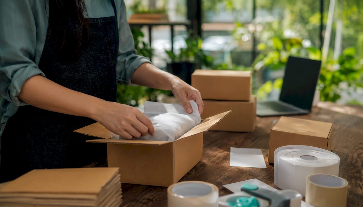 Hands packing ecommerce shipping boxes