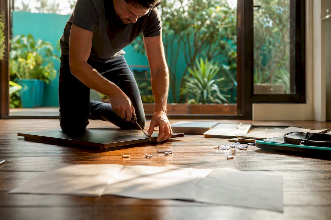 Hands assembling furniture following care instructions