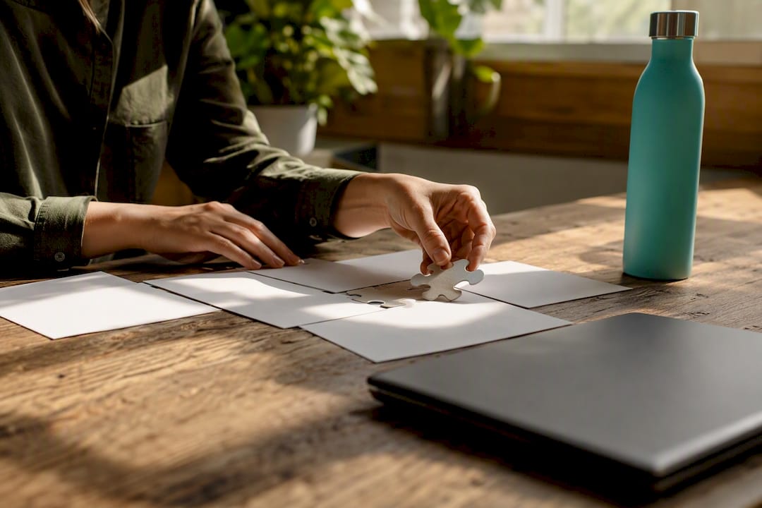 Hands placing puzzle piece on desk with laptop