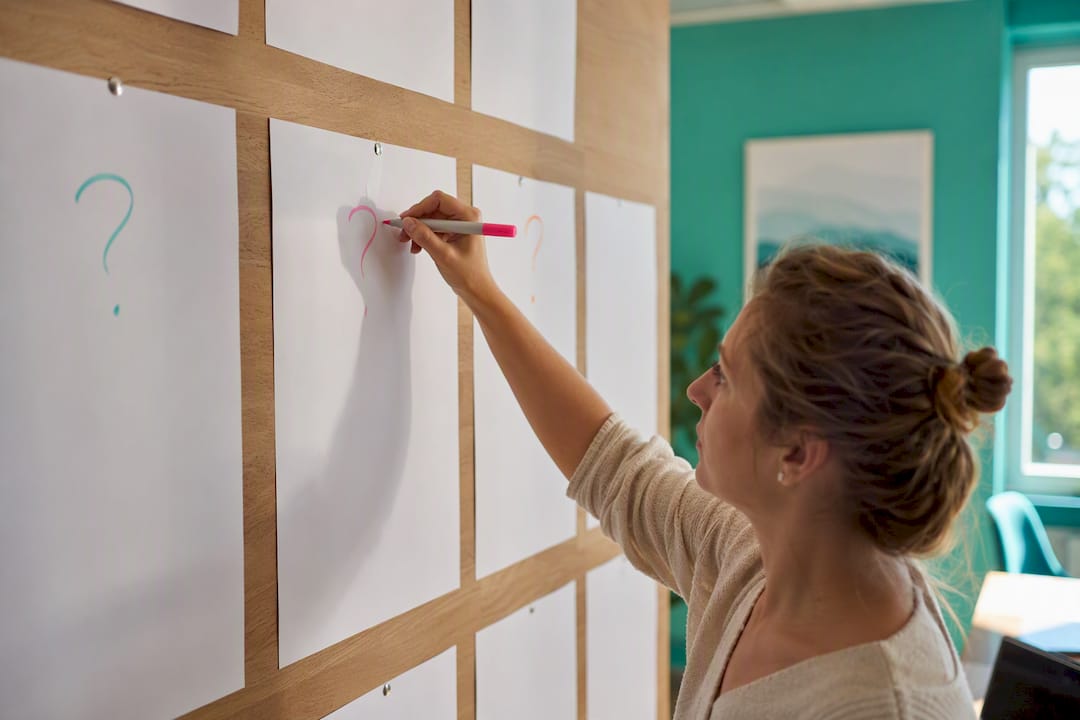 Hands writing question headings on board