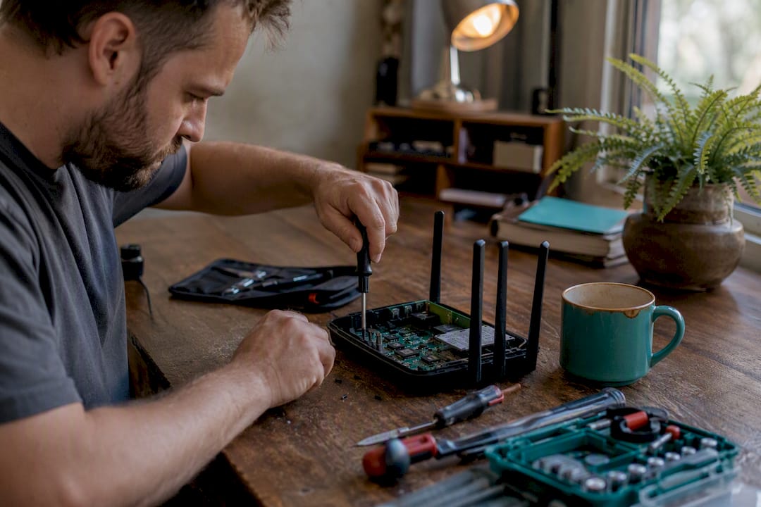 Hands opening router casing for maintenance