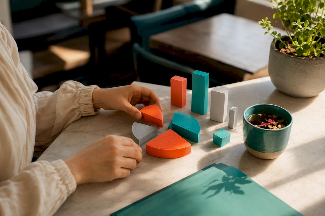 Hands assembling 3D printed data charts on desk