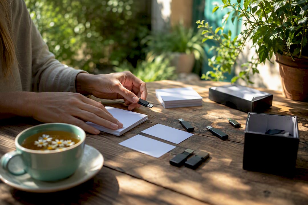Hands arranging outreach materials on desk