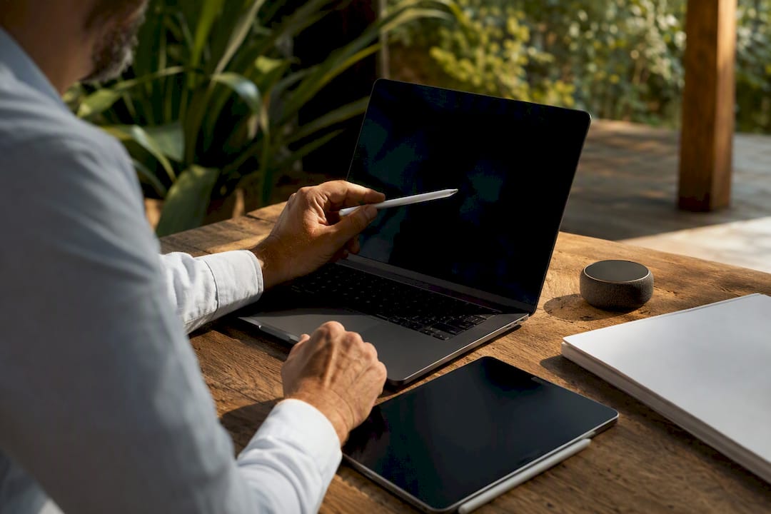 Hands pointing at laptop with digital devices nearby