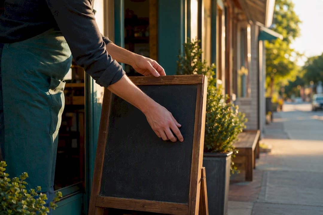 Hands adjusting shop signboard outdoors