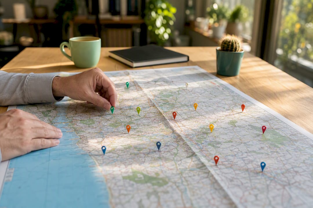 Hands placing pins on business location map