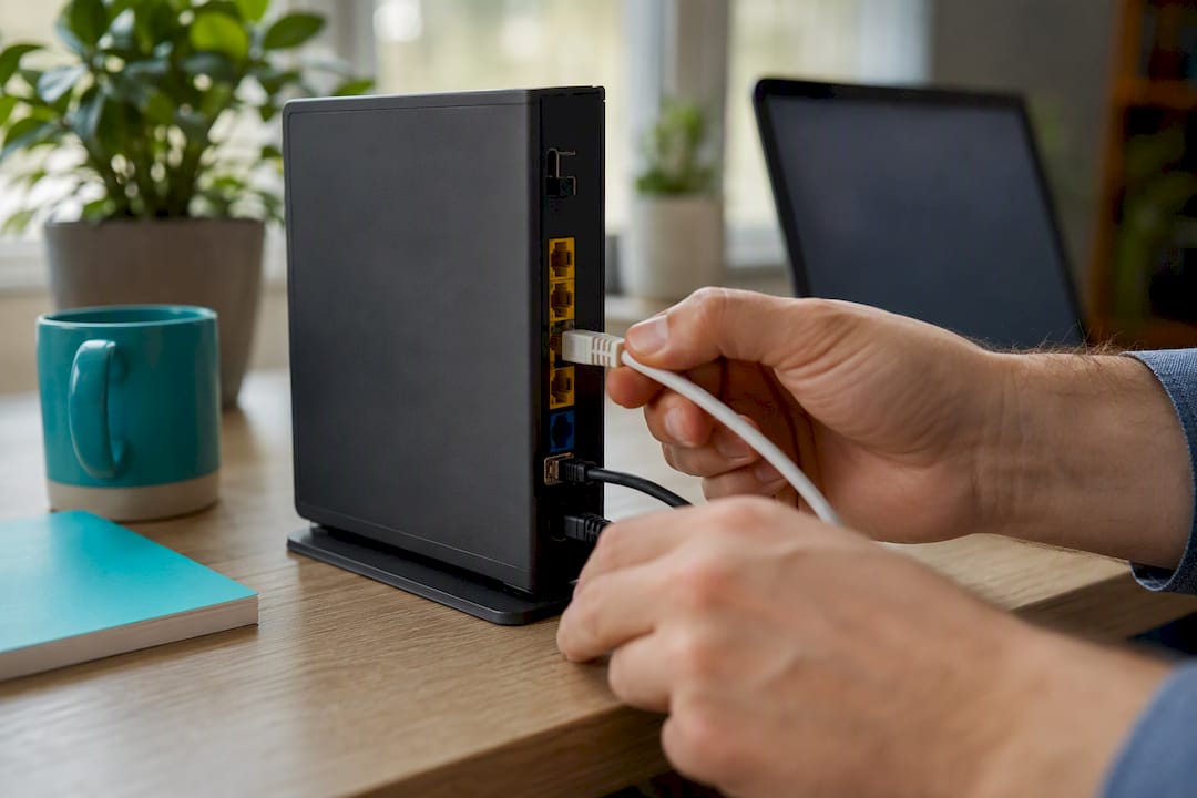 Hands connecting cables on router for SEO dashboard