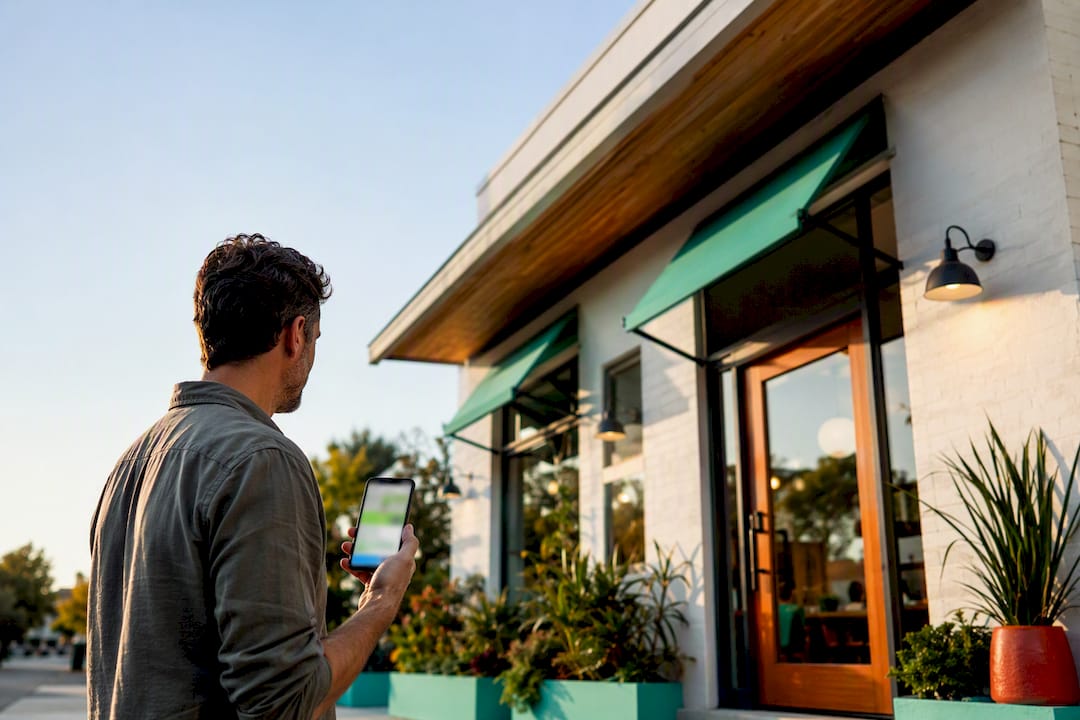 Owner checking local business profile outside storefront