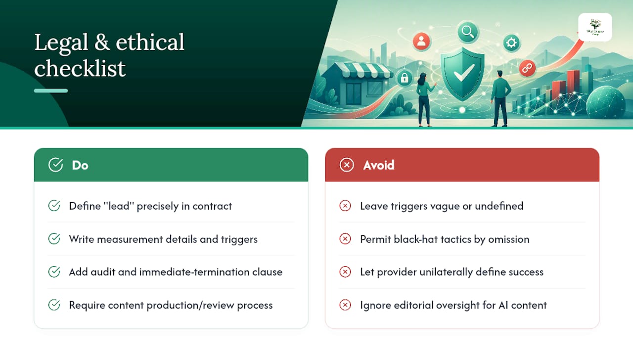 Legal and ethical considerations in performance-based SEO agreements — overview diagram