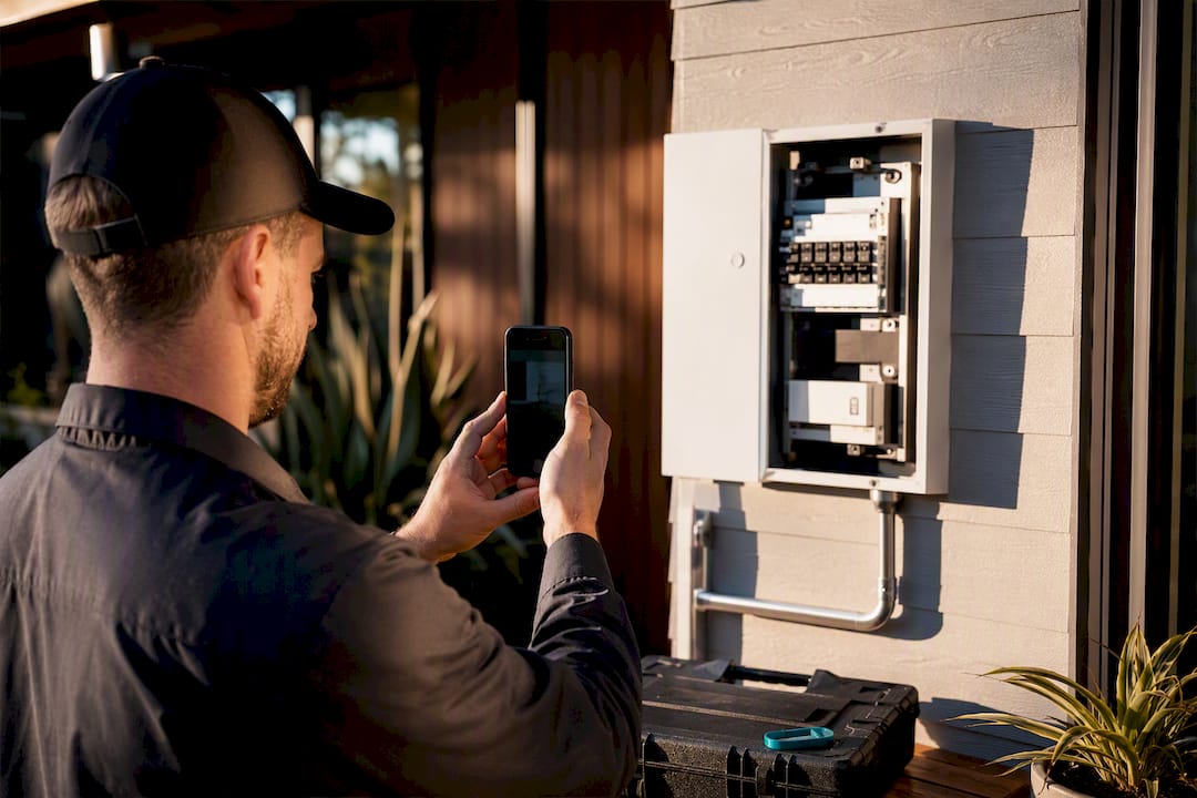 Electrician photographing completed service work