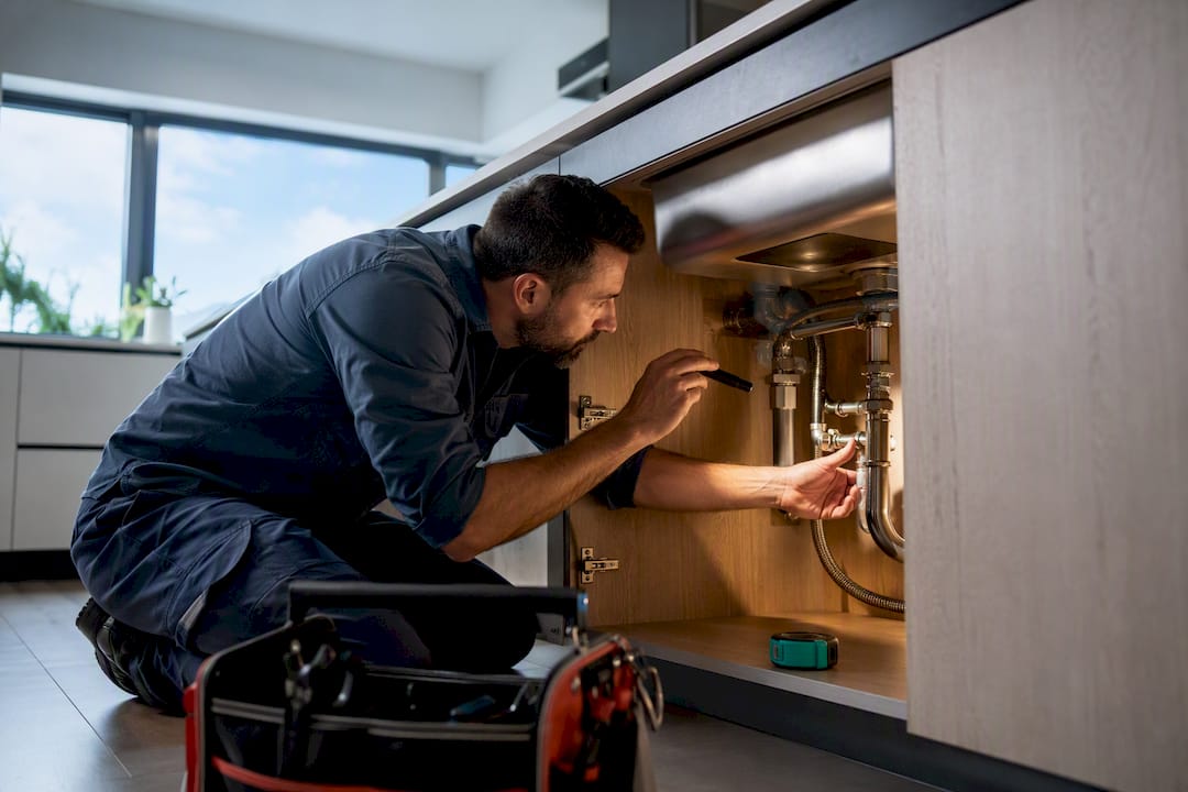 Plumber working at residential service location