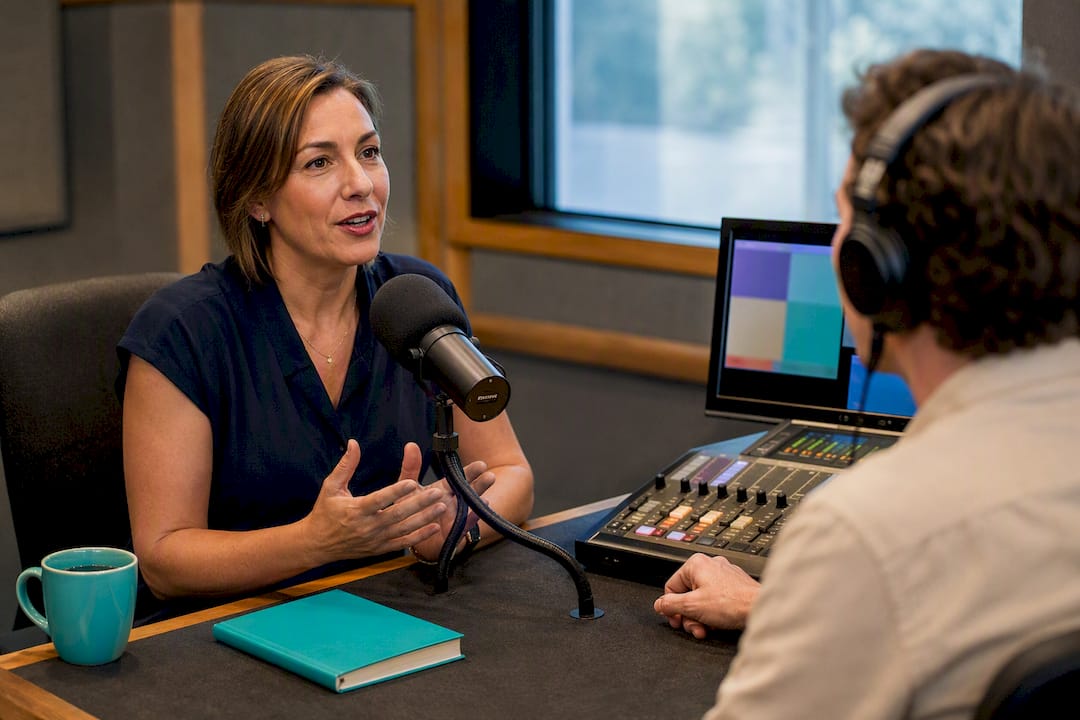 Small business guest recording local radio interview