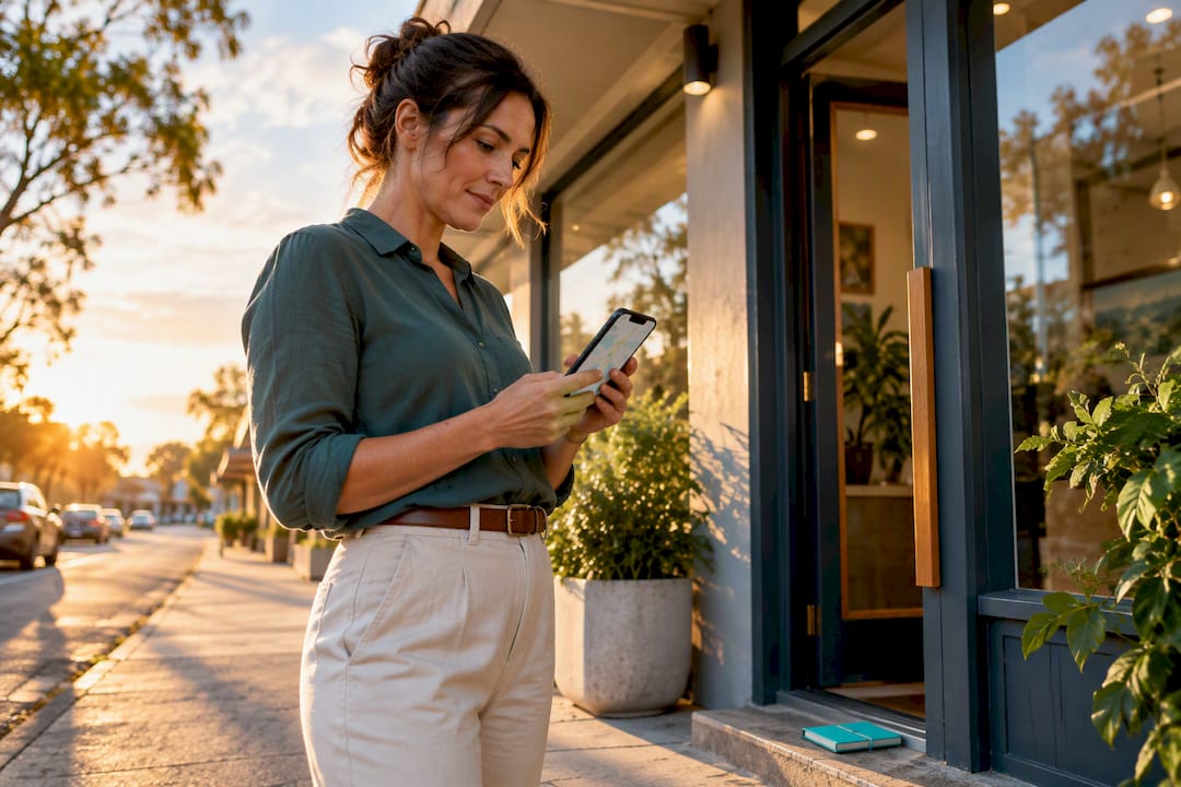 Business owner checking location outside storefront